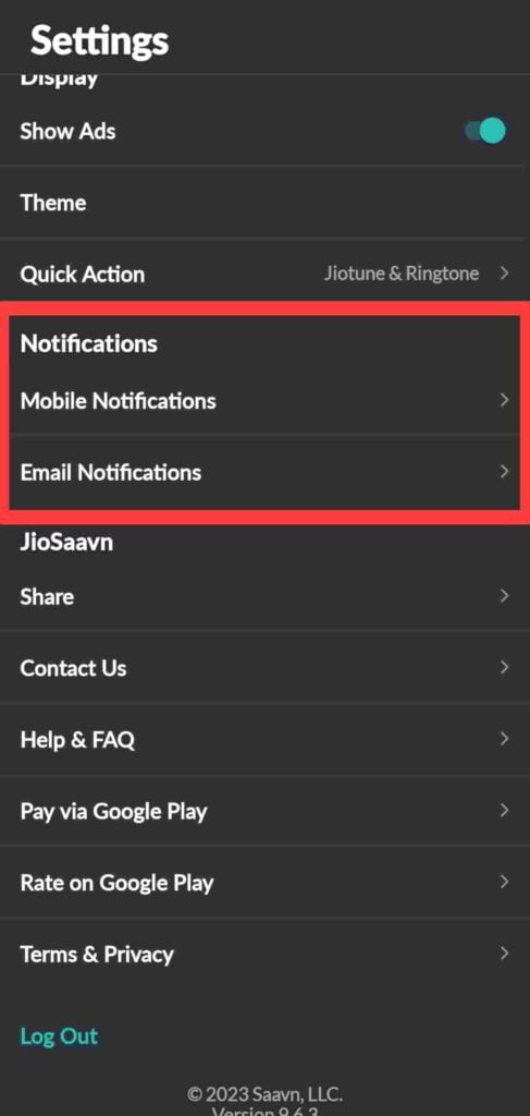 How to Turn Off or On notification on Jiosavan