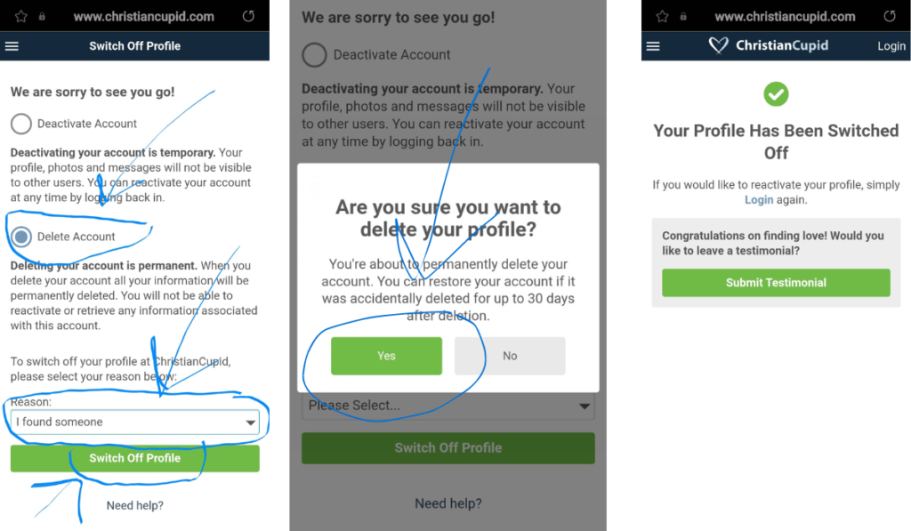 how to delete christian cupid account steps